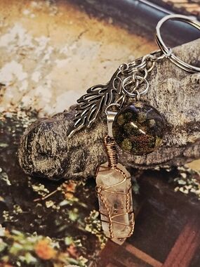 Handcrafted Rose Quartz & Resin Orb Keychain with Leaf Charm - Pink, Gold Accent